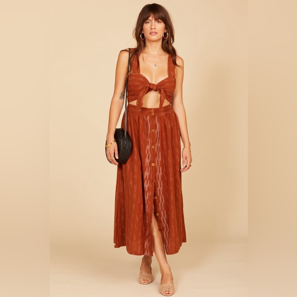 Free People Caldasi Midi Dress Women XS Bronze Cutout Smocked Print Summer Boho